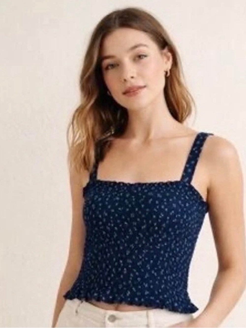 Madewell Lucie Smocked Floral Tank Navy With Dainty White Floral Print Large